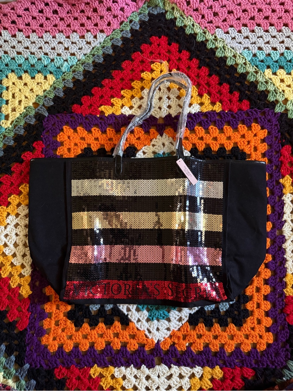 Victoria's Secret Black Tote with Gold, Silver, Pink & Red Sequin Stripes